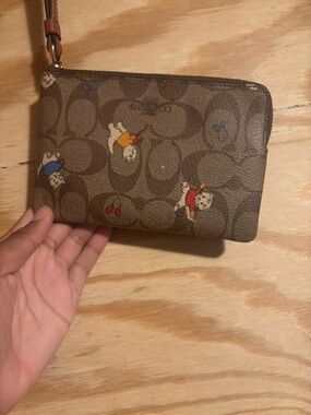 Coach Small Zip Wristlet with Bear Motif - Brown